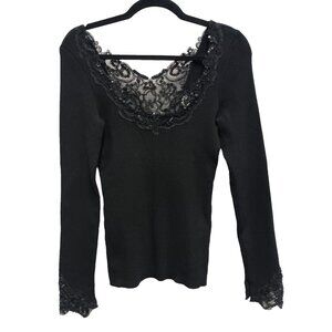 VTG Y2K Cache Womens Sweater Medium Black Lace Beaded Fairy Whimsygoth Pullover